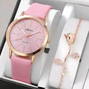 Liandu Pink and Rose Gold Women's Watch and Bracelet Set New